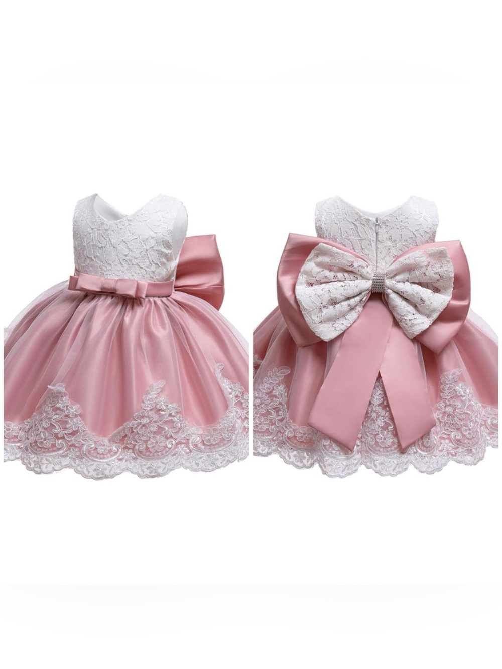 Formal Bowknot Lace Princess Dress & Headband Pink White 3 Mon